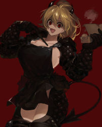Rule 34 | 1girl, apron, black apron, black gloves, black horns, blonde hair, breasts, chopsticks, cleavage, demon horns, demon tail, dorohedoro, dumpling, food, gloves, highres, holding, holding chopsticks, holding food, horns, knee pads, large breasts, long hair, lunch (lunchicken), nikaidou (dorohedoro), open mouth, ponytail, pouch, red background, red eyes, revealing clothes, shaded face, simple background, solo, steam, tail