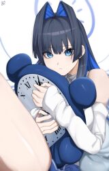 Rule 34 | 1girl, absurdres, alarm clock, artist name, bare shoulders, black hair, blue eyes, blue hair, clock, commentary, detached sleeves, earrings, hair intakes, halo, highres, hololive, hololive english, hug, jewelry, kronie (ouro kronii), mechanical halo, o22no, ouro kronii, roman numeral, shirt, short hair, signature, simple background, sleeveless, sleeveless shirt, virtual youtuber, white background
