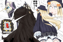 Rule 34 | !?, 1boy, 1girl, abigail williams (fate), black bow, black cloak, black dress, black hat, blonde hair, bloomers, blue eyes, bow, bug, butterfly, cloak, comic, commentary request, crossed bandaids, dress, emphasis lines, facing away, fate/grand order, fate (series), glowing, glowing eyes, hair bow, hat, highres, horns, insect, king hassan (fate), long hair, long sleeves, neon-tetora, orange bow, parted bangs, polka dot, polka dot bow, skull, sleeves past fingers, sleeves past wrists, spikes, sweat, translation request, underwear, very long hair, white bloomers