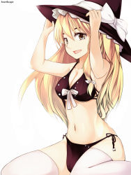 Rule 34 | 1girl, bikini, black bikini, blonde hair, breasts, cameltoe, cleavage, covered erect nipples, female focus, hat, highres, hubrael, kirisame marisa, long hair, navel, open mouth, side-tie bikini bottom, simple background, sitting, smile, solo, swimsuit, thighhighs, touhou, wariza, white thighhighs, witch, witch hat, yellow eyes