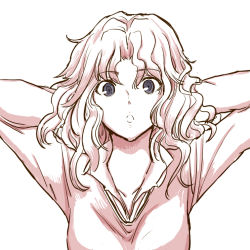 Rule 34 | 1girl, amagami, arms behind head, blazer, collarbone, facing viewer, grey eyes, long hair, looking at viewer, messy hair, monochrome, open collar, open mouth, saitou shouki, school uniform, simple background, sketch, skirt, solo, spot color, tanamachi kaoru, upper body, white background