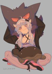 Rule 34 | 1girl, ahoge, anklet, arms up, black hoodie, blush, bracelet, brbr vrvr, clodsire, closed mouth, collarbone, commentary request, creatures (company), criss-cross halter, dated, dress, full body, game freak, gen 1 pokemon, gengar, grey hair, hair ornament, halter dress, halterneck, head back, highres, hood, hoodie, indian style, jewelry, leaning to the side, long sleeves, looking at viewer, nintendo, on lap, pink hoodie, pokemon, pokemon (creature), pokemon on back, pokemon on lap, purple eyes, purple thighhighs, ribbed thighhighs, shoes, short hair with long locks, signature, sitting, smile, solo, thighhighs, two-tone hoodie, vocaloid, voiceroid, yuzuki yukari