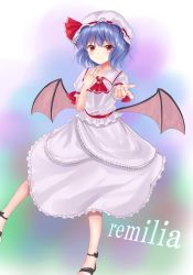 Rule 34 | 1girl, absurdres, blush, character name, closed mouth, hat, highres, light purple hair, looking at viewer, mob cap, red eyes, remilia scarlet, short hair, short sleeves, smile, solo, suiroh (shideoukami), touhou, wings