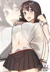 Rule 34 | 1girl, artist name, bad id, bad pixiv id, black hair, black skirt, blush, breasts, cowboy shot, dated, from below, gym shirt, hayasui (kancolle), jacket, kantai collection, long sleeves, miniskirt, navel, pallad, pleated skirt, see-through, shirt, short hair, grey eyes, simple background, skirt, solo, track jacket, white background