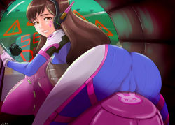 Rule 34 | 1girl, ass, bodysuit, breast press, breasts, brown eyes, brown hair, cameltoe, cleft of venus, clenched teeth, cockpit, d.va (overwatch), facial mark, fat mons, from behind, highres, huge ass, long hair, looking back, overwatch, overwatch 1, solo, teeth, veiled616