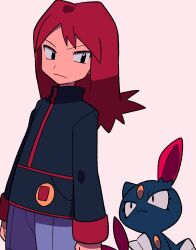 Rule 34 | 1boy, black eyes, black jacket, closed mouth, creatures (company), game freak, gen 2 pokemon, highres, jacket, long hair, long sleeves, looking down, male focus, nintendo, pants, pokemon, pokemon (creature), pokemon gsc, purple pants, red hair, silver (pokemon), simple background, sneasel, tyako 089, white background