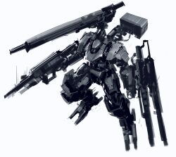 Rule 34 | arm cannon, armored core, gun, highres, holding, holding gun, holding weapon, looking ahead, mecha, missile pod, red eyes, robot, science fiction, shoulder cannon, siku199, sketch, spot color, weapon, white background