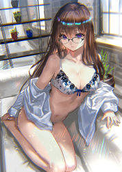 Rule 34 | 1girl, bad hands, bare shoulders, black-framed eyewear, bra, breasts, brown hair, cleavage, collarbone, couch, glasses, highres, indoors, large breasts, lingerie, long hair, long sleeves, looking at viewer, navel, off shoulder, on couch, open clothes, open shirt, original, panties, parted lips, plant, potted plant, purple eyes, ran&#039;ou (tamago no kimi), shirt, sitting, solo, stomach, thighs, underwear, white bra, white panties, white shirt, window