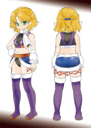 Rule 34 | 1girl, adapted costume, alternate costume, ass, blonde hair, boots, character sheet, dei shirou, female focus, full body, gradient background, green eyes, hand on own hip, hip focus, mizuhashi parsee, pointy ears, scarf, short hair, simple background, solo, standing, thigh boots, thighhighs, touhou, white background, wrestling
