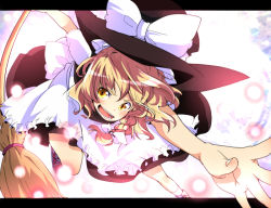 Rule 34 | 1girl, :o, apron, bad id, bad pixiv id, blonde hair, bow, braid, broom, dress, female focus, frills, gradient background, hat, kirisame marisa, letterboxed, long hair, open mouth, outstretched hand, ribbon, saionji yuri, shoes, solo, touhou, white background, witch, witch hat, yellow eyes