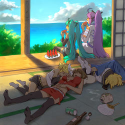 Rule 34 | 3boys, 3girls, alcohol, aqua hair, bad id, bad pixiv id, blonde hair, bottle, grabbing another&#039;s breast, breasts, brother and sister, brown hair, can, day, eating, esukee, feet, food, fruit, grabbing, hand fan, happy, hatsune miku, incense, kagamine len, kagamine rin, kaito (vocaloid), kamui gakupo, large breasts, legs, long hair, lowres, lying, meiko (vocaloid), morning, multiple boys, multiple girls, ocean, open clothes, open shirt, paper fan, ponytail, purple hair, shirt, short hair, siblings, sitting, skirt, sky, sleeping, summer, sunlight, tatami, thighhighs, twins, twintails, uchiwa, veranda, vocaloid, watermelon
