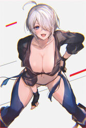 Rule 34 | 1girl, angel (kof), backless pants, blue eyes, boots, bra, breasts, chaps, cleavage, cowboy boots, crop top, cropped jacket, fingerless gloves, gloves, hair over one eye, highres, jacket, large breasts, leather, leather jacket, looking at viewer, midriff, navel, oro (sumakaita), panties, pants, short hair, smile, snk, solo, strapless, strapless bra, the king of fighters, the king of fighters xiv, toned, underwear, white hair