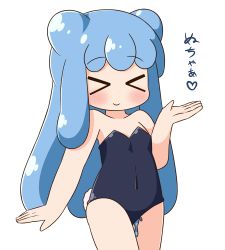 Rule 34 | &gt; &lt;, 1girl, bare arms, bare shoulders, black leotard, blue hair, blush, bunny day, closed eyes, closed mouth, collarbone, covered navel, double bun, facing viewer, hair bun, half slime-chan, hana kazari, hand up, highres, leotard, long hair, monster girl, original, playboy bunny, rabbit tail, simple background, slime (substance), slime girl, smile, solo, strapless, strapless leotard, tail, translation request, very long hair, white background