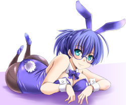 Rule 34 | 1girl, animal ears, aqua eyes, ass, bare shoulders, blue hair, blush, bow, bowtie, breasts, cleavage, commentary request, detached sleeves, fake animal ears, fishnet pantyhose, fishnets, glasses, high heels, leotard, looking at viewer, lying, medium breasts, on stomach, original, pantyhose, playboy bunny, rabbit ears, rabbit tail, short hair, simple background, smile, solo, tail, tonpuu, wrist cuffs