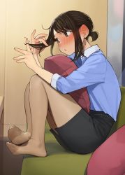 Rule 34 | 1girl, ahoge, blouse, blue shirt, blush, brown eyes, brown hair, brown pantyhose, commentary request, douki-chan (douki-chan), ear blush, earrings, ganbare douki-chan, highres, jewelry, nose blush, office lady, pantyhose, pencil skirt, playing with own hair, see-through, see-through legwear, shirt, short ponytail, sidelocks, sitting, skirt, solo, yomu (sgt epper)