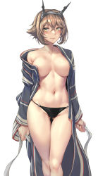 Rule 34 | 1girl, black panties, blue kimono, blush, breasts, brown hair, collarbone, commission, convenient censoring, gluteal fold, green eyes, headgear, highres, japanese clothes, kantai collection, kimono, kokuzou, large breasts, looking at viewer, mutsu (kancolle), navel, no bra, o-ring, o-ring bottom, open clothes, open kimono, panties, short hair, simple background, smile, solo, striped clothes, striped kimono, underwear, white background, yukata