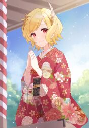 Rule 34 | 1girl, blonde hair, brast47600296, citrinne (fire emblem), closed mouth, earrings, fire emblem, fire emblem engage, floral print, highres, japanese clothes, jewelry, kimono, long sleeves, looking at viewer, nintendo, own hands together, red eyes, red kimono, short hair, smile, solo, wide sleeves