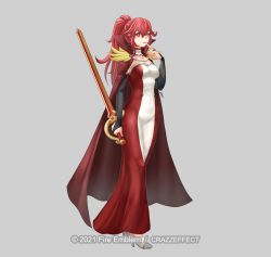 Rule 34 | 1girl, anna (fire emblem), artist name, breasts, cleavage, dress, finger to mouth, fire emblem, highres, long dress, long hair, nintendo, ponytail, red eyes, red hair, reverse grip, solo, sword, weapon