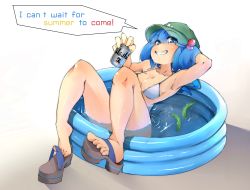 Rule 34 | 1girl, absurdres, armpits, barefoot, bikini, blue eyes, blue hair, breasts, can, cucumber, english text, flanvia, gradient background, hair bobbles, hair ornament, hat, highres, kawashiro nitori, looking at viewer, matching hair/eyes, medium breasts, partially submerged, sandals, short hair, smile, solo, speech bubble, swimsuit, touhou, two side up, wading pool, water, wet