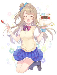 Rule 34 | 10s, 1girl, 6u (eternal land), :d, ^ ^, bad id, bad pixiv id, birthday cake, bow, brown hair, cake, closed eyes, food, fork, fruit, full body, hair ribbon, happy birthday, jumping, long hair, love live!, love live! school idol project, minami kotori, one side up, open mouth, ribbon, school uniform, shirt, skirt, smile, solo, strawberry, sweater vest, very long hair, vest, wrist cuffs