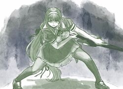 Rule 34 | 1girl, assault lily, breasts, cropped jacket, emblem, feet out of frame, fighting stance, gradient background, grey background, hairband, hasebe touka, heel up, holding, holding weapon, large breasts, leaning forward, legs apart, loafers, long hair, looking at viewer, low-tied long hair, miniskirt, monochrome, neck ribbon, pantyhose, parted lips, pleated skirt, puffy sleeves, rakko (rakko stali99), ribbon, school uniform, shirt, shoes, sidelocks, skirt, solo, standing, two-handed, v-shaped eyebrows, very long hair, weapon, white background, yurigaoka girls academy school uniform