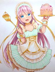 Rule 34 | 1girl, blue eyes, cake, commentary, cowboy shot, dress, food, frilled cuffs, frilled dress, frills, headdress, highres, holding, holding plate, long hair, maid, mayo riyo, megurine luka, open mouth, pink hair, plate, puffy short sleeves, puffy sleeves, short sleeves, smile, solo, spatula, standing, striped clothes, striped dress, takoluka, traditional media, very long hair, vocaloid, white background, wrist cuffs