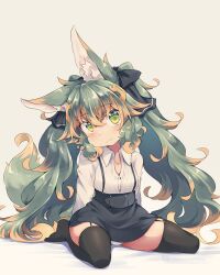 Rule 34 | 1girl, aged down, animal ear fluff, animal ears, black ribbon, black skirt, black thighhighs, blush, closed mouth, commentary request, garter straps, green eyes, green hair, grey background, hair between eyes, hair ribbon, kuromiya, kuromiya raika, long hair, long sleeves, looking at viewer, multicolored hair, orange hair, original, panties, ribbon, shirt, simple background, sitting, skirt, suspenders, thighhighs, twintails, two-tone hair, underwear, white panties, white shirt