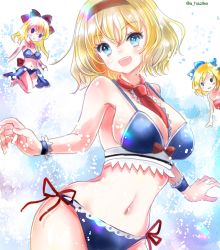 Rule 34 | 1girl, alice margatroid, bare arms, bare legs, bare shoulders, between breasts, bikini, blonde hair, blue bikini, blue eyes, blush, breasts, cleavage, cowboy shot, doll, hair between eyes, hairband, hajike akira, highres, large breasts, navel, one-hour drawing challenge, open mouth, red hairband, shanghai doll, short hair, smile, solo, swimsuit, touhou