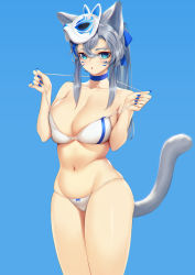 Rule 34 | 1girl, animal ears, aqua eyes, bare shoulders, bikini, blue background, blue bow, blue choker, blue eyes, blue nails, blueorca, blush, bow, bow bikini, breasts, cat ears, cat girl, cat tail, choker, cleavage, collarbone, commentary, contrapposto, cowboy shot, eyelashes, facial mark, fingernails, fox girl, fox mask, grey hair, groin, hair between eyes, halterneck, hands up, highres, large breasts, legs together, long fingernails, long hair, looking at viewer, makeup, mascara, mask, nail polish, navel, original, parted lips, ponytail, pulled by self, sharp fingernails, sidelocks, simple background, skindentation, slit pupils, solo, standing, stomach, strap gap, strap pull, string bikini, swimsuit, tail, tail raised, whisker markings, white bikini