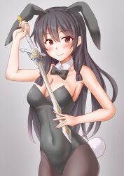 Rule 34 | 1girl, alternate costume, animal ears, anti (untea9), bare shoulders, black hair, black leotard, blush, bow, bowtie, breasts, cleavage, covered navel, detached collar, fake animal ears, gradient background, grey background, hair ribbon, highres, isokaze (kancolle), kantai collection, leotard, long hair, looking at viewer, medium breasts, pantyhose, playboy bunny, rabbit ears, rabbit tail, red eyes, ribbon, school uniform, smile, solo, strapless, strapless leotard, sword, tail, traditional bowtie, weapon