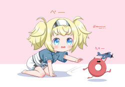 Rule 34 | 1girl, abyssal ship, aged down, all fours, blonde hair, blue eyes, blue shirt, breast pocket, dated, enemy lifebuoy (kancolle), gambier bay (kancolle), hairband, kantai collection, masara (chuujou), multicolored clothes, multicolored hairband, open mouth, pink background, pocket, shirt, shorts, toy airplane, twintails, twitter username, white shorts
