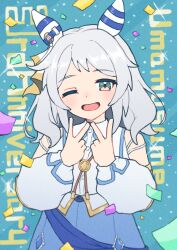 Rule 34 | 1girl, absurdres, animal ears, anniversary, blue skirt, collared shirt, confetti, copyright name, detached sleeves, double v, ear covers, grey hair, highres, hishi miracle (umamusume), horse ears, long hair, looking at viewer, nenbutsu 0416, one eye closed, open mouth, pink eyes, shirt, shirt tucked in, skirt, sleeveless, sleeveless shirt, smile, solo, sparkle, umamusume, v, white shirt