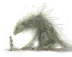Rule 34 | 1boy, child, creature, feathers, griffin, masato (oal), simple background, the boy (the last guardian), the last guardian, trico (character), white background