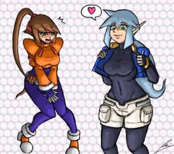 Rule 34 | 2girls, aile (mega man zx), ashe (mega man), belt, blue hair, blush, bodysuit, borockman, breasts, brown hair, capcom, cosplay, costume switch, covered navel, covering privates, covering crotch, embarrassed, gloves, green eyes, headband, large breasts, long hair, multiple girls, ponytail, robot ears, mega man (series), mega man zx, shorts, taut clothes, v arms, vest