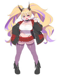 Rule 34 | 1girl, :d, big hair, black choker, black footwear, black jacket, choker, earrings, fang, fold-over boots, full body, highres, horns, jacket, jewelry, long hair, looking at viewer, m/, miniskirt, multicolored hair, multiple rings, onsoku inu, open clothes, open jacket, open mouth, original, pink eyes, pleated skirt, pointy ears, purple hair, purple thighhighs, red skirt, ring, simple background, skin fang, skirt, smile, solo, thighhighs, twintails, two-tone hair, white background