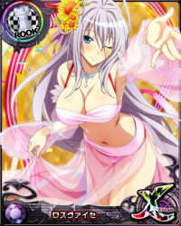 Rule 34 | 1girl, antenna hair, aqua eyes, breasts, card (medium), character name, chess piece, cleavage, hair ribbon, high school dxd, high school dxd cross, large breasts, long hair, looking at viewer, official art, one eye closed, ribbon, rook (chess), rossweisse, silver hair, smile, solo, trading card, very long hair