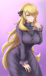 Rule 34 | 1girl, alternate eye color, blonde hair, blue eyes, breasts, closed mouth, commission, cosplay, creatures (company), cynthia (pokemon), dress, game freak, hair ornament, hair over one eye, hex maniac (pokemon), hex maniac (pokemon) (cosplay), highres, large breasts, long hair, nintendo, pokemon, pokemon dppt, pokemon xy, purple background, purple dress, purple nails, skyde kei, smile, solo, taut clothes, taut dress, turtleneck, v, very long hair
