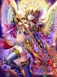Rule 34 | 1girl, angel wings, artist name, asymmetrical gloves, blonde hair, blue eyes, breasts, choker, elbow gloves, fingerless gloves, forehead jewel, gauntlets, gloves, hair ornament, highres, large breasts, long hair, midriff, miki okuda, mismatched gloves, navel, original, polearm, smile, solo, spear, thighhighs, underboob, weapon, wings