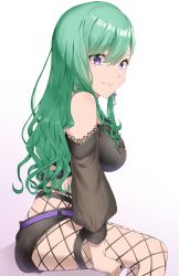 Rule 34 | 1girl, absurdres, bare shoulders, belt, black choker, black shorts, breasts, choker, crop top, detached sleeves, earrings, fishnets, from side, green hair, hair between eyes, highres, ituk1 hitoha, jewelry, large breasts, long hair, looking at viewer, pantyhose, pantyhose under shorts, purple belt, purple eyes, see-through, short shorts, shorts, simple background, sitting, smile, solo, virtual youtuber, vspo!, wavy hair, white background, yakumo beni, yakumo beni (1st costume)