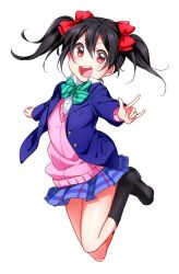 Rule 34 | 10s, 1girl, \m/, bad id, bad pixiv id, black hair, blazer, blush, bow, cardigan, hotechige, jacket, looking at viewer, love live!, love live! school idol project, original, red eyes, school uniform, simple background, skirt, solo, twintails, white background, yazawa nico