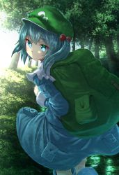 Rule 34 | 1girl, absurdres, backpack, bag, blue footwear, blue hair, blue hat, blue shirt, blue skirt, boots, commentary, cowboy shot, day, expressionless, flat cap, forest, from behind, green bag, hair bobbles, hair ornament, hat, highres, kakutasu (akihiron cactus), kawashiro nitori, long sleeves, looking at viewer, looking back, nature, outdoors, rubber boots, shirt, short hair, skirt, skirt set, solo, standing, touhou, transparent, two side up, water