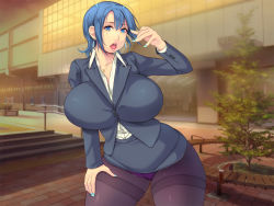 Rule 34 | 1girl, :o, blue eyes, blue hair, breasts, earrings, feet out of frame, female focus, formal, groin, hand up, huge breasts, jewelry, legs, looking at viewer, nail polish, office lady, open mouth, original, outdoors, panties, panties under pantyhose, pantyhose, short hair, skirt, solo, standing, suit, thighs, underwear, yoko juusuke