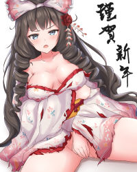Rule 34 | 1girl, alternate costume, blue eyes, bottomless, bow, breasts, brown hair, cleavage, collarbone, commentary request, covering privates, covering crotch, damaged, drill hair, floral print, flower, girls&#039; frontline, gluteal fold, hair bow, hair flower, hair ornament, hair ribbon, heckler kai, highres, howa type 64 (girls&#039; frontline), japanese clothes, kimono, large breasts, long hair, looking at viewer, obi, off shoulder, open mouth, pink bow, ribbon, sash, simple background, sitting, solo, tearing up, thighs, torn clothes, translation request, tsurime, very long hair, white background