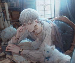 Rule 34 | 1boy, animal, blue eyes, blurry, book, book stack, bookshelf, bracelet, cat, chair, curtains, depth of field, earrings, embroidery, grey hair, hand up, heterochromia, hoop earrings, indoors, jewelry, light particles, long sleeves, looking at viewer, male focus, manly, necklace, original, paper, piercing, ponytail, ring, scroll, shawl, shirt, sitting, sleeping, table, upper body, watch, white shirt, window, wristwatch, yellow eyes, yoshicha