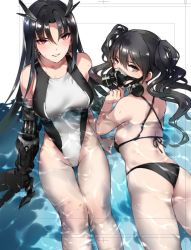 Rule 34 | 2girls, ass, bikini, black bikini, black hair, breasts, brown eyes, character request, commentary request, competition swimsuit, cowboy shot, horns, long hair, looking at viewer, lying, mechanical arms, medium breasts, multiple girls, on stomach, one-piece swimsuit, parted lips, partially submerged, red eyes, single mechanical arm, single mechanical arm, sitting, swimsuit, twintails, unfinished, water, wavy hair, white legwear, zen juraku
