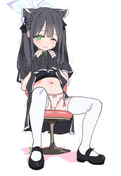 Rule 34 | 1girl, absurdres, aged down, animal ears, black hair, blue archive, blunt bangs, blush, china dress, chinese clothes, clothes lift, dorontabi, dress, green eyes, halo, highres, long hair, mary janes, navel, one eye closed, panties, pink panties, shoes, shun (blue archive), shun (small) (blue archive), skirt, skirt lift, solo, tears, thighhighs, underwear, white background, white thighhighs