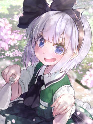 Rule 34 | 1girl, :d, ascot, black ascot, black hairband, black ribbon, blue eyes, blunt bangs, blush, bob cut, cherry blossoms, collared shirt, commentary request, day, green skirt, green vest, hair ribbon, hairband, hands up, holding, konpaku youmu, looking at viewer, open mouth, outdoors, petals, petticoat, puffy short sleeves, puffy sleeves, ribbon, scabbard, sheath, shirt, short hair, short sleeves, sideways mouth, silver hair, sitting, skirt, skirt set, smile, solo, syuri22, tokkuri, touhou, upper body, vest, white shirt
