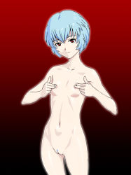 Rule 34 | 1girl, ayanami rei, blue hair, breasts, cleft of venus, colored pubic hair, covering privates, covering breasts, covering nipples, female focus, female pubic hair, francine (daijaemon), gradient background, navel, neon genesis evangelion, nude, pubic hair, pussy, red eyes, short hair, small breasts, solo, uncensored