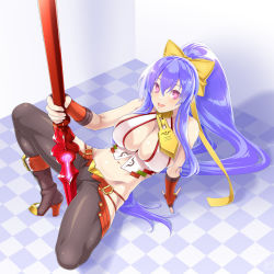 Rule 34 | 1girl, arm support, backless outfit, bare shoulders, between legs, between thighs, black footwear, black pants, blazblue, blazblue: central fiction, blazblue variable heart, blue hair, blush, boots, bow, breasts, checkered floor, cleavage, fingerless gloves, full body, genderswap, genderswap (mtf), gloves, groin, hair between eyes, hair bow, halterneck, high heel boots, high heels, holding, holding weapon, large breasts, leaning back, long hair, looking at viewer, lowleg, lowleg pants, mai natsume, midriff, navel, no bra, no panties, open mouth, osafune kairi, outseal, pants, polearm, ponytail, purple eyes, revealing clothes, ribbon, shadow, sideboob, sidelocks, skindentation, smile, solo, spear, spread legs, squatting, standing, thighs, very long hair, weapon, yellow bow
