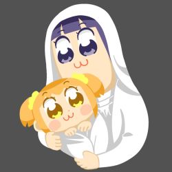 Rule 34 | 10s, 2girls, baby carry, bkub, blue eyes, blue hair, blunt bangs, blush stickers, carrying, commentary, cropped torso, flat color, grey background, hair ornament, hair scrunchie, holding, holding person, jesus, mother and child, multiple girls, no lineart, orange hair, parody, pipimi, poptepipic, popuko, robe, scrunchie, short hair, short twintails, simple background, the bible, twintails, two side up, virgin mary, white robe, yellow eyes, yellow scrunchie